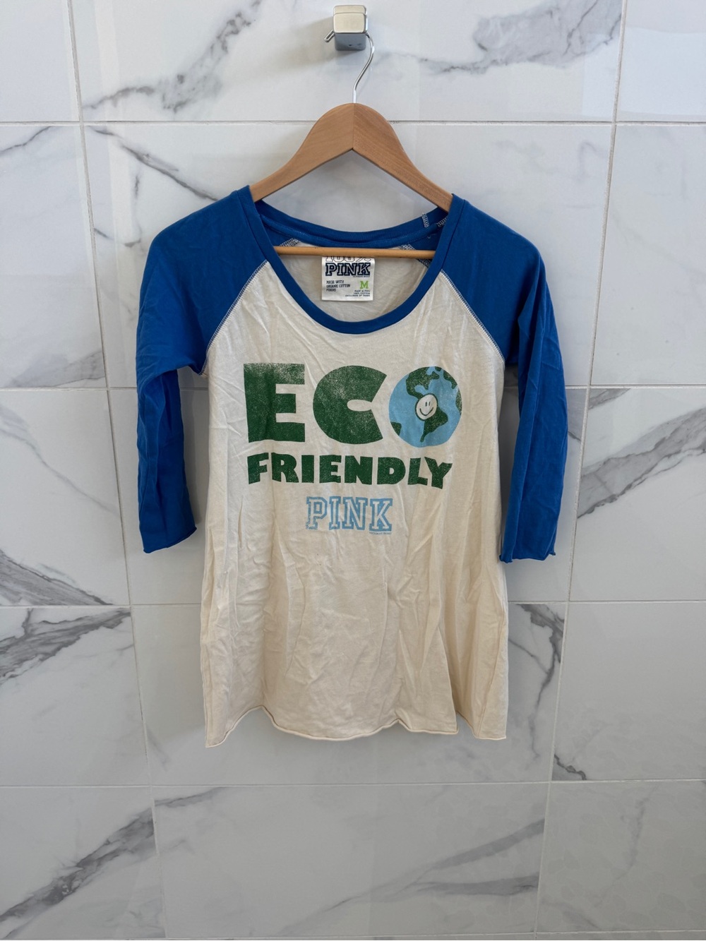 2008 PINK Victoria's Secret Blue-Sleeve Eco Friendly top 100% cotton - .5 sleeve